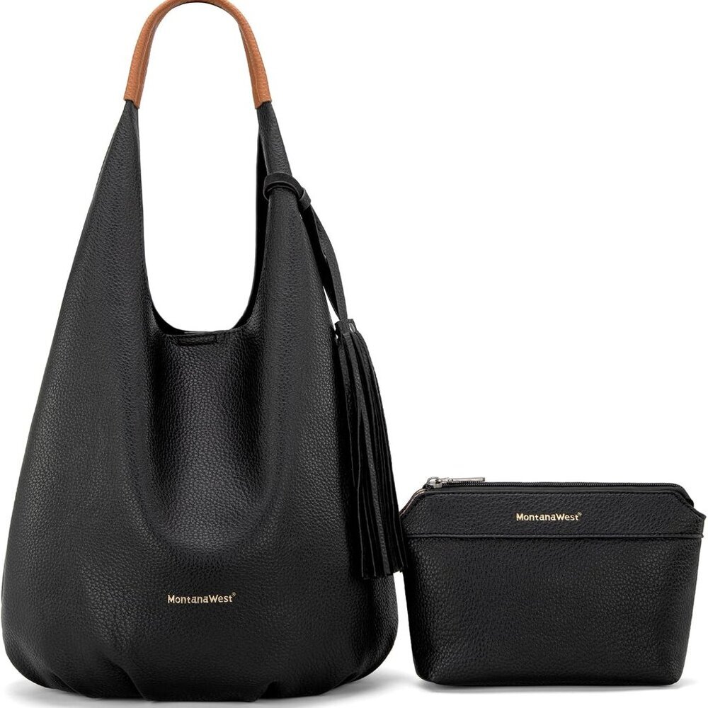 Hobo Bags for Women Slouchy Handbags 2PCS Tassels Shoulder Bag with Comestic Bag